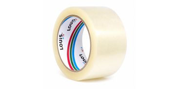 A roll of transparent packing tape with a colorful inner label.