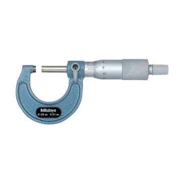 A blue Mitutoyo micrometer measuring tool with a silver thimble.