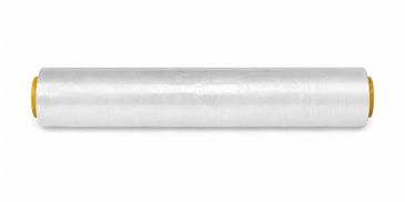 A roll of clear plastic wrap with yellow ends.
