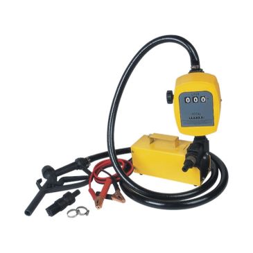 Yellow fuel transfer pump with hose and clamps for liquid transfer.
