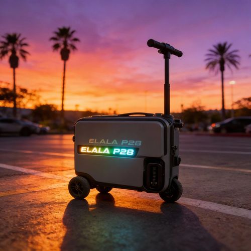 ELALA P28 suitcase illuminated at sunset in a parking lot with palm trees.