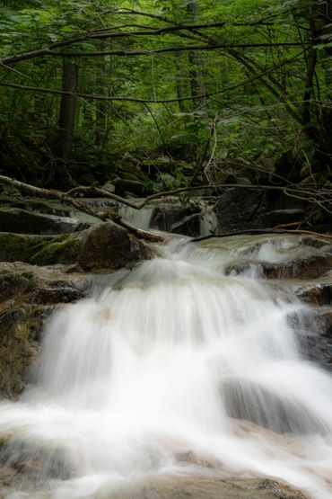 A flowing waterfall surrounded by lush green forest and rocks.