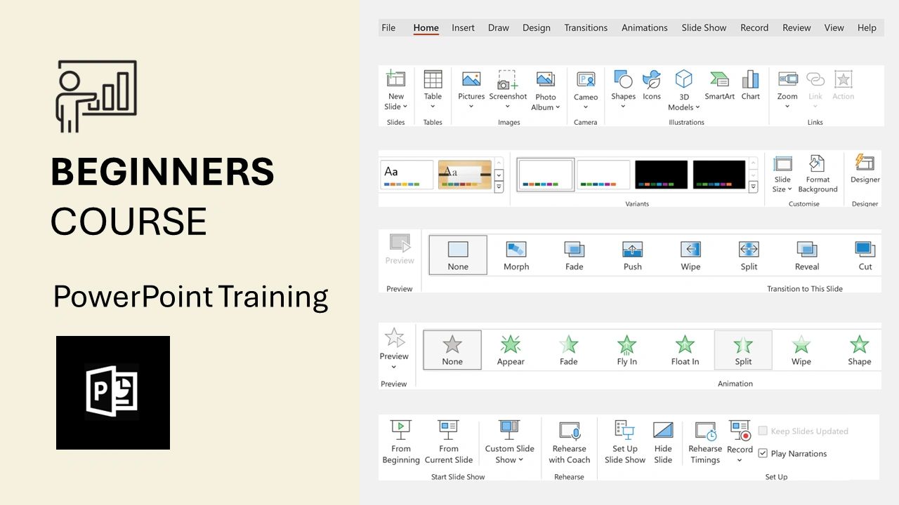 Beginners Course slide with various menus from PowerPoint displayed.
