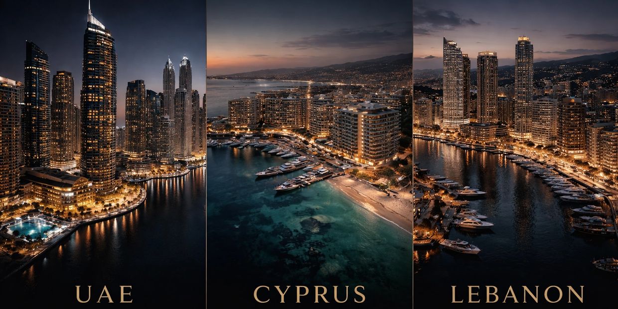 Night views of luxurious waterfront skylines in UAE, Cyprus, and Lebanon with illuminated buildings and yachts.