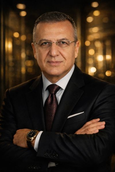 Confident businessman in a suit with glasses and a watch, arms crossed.