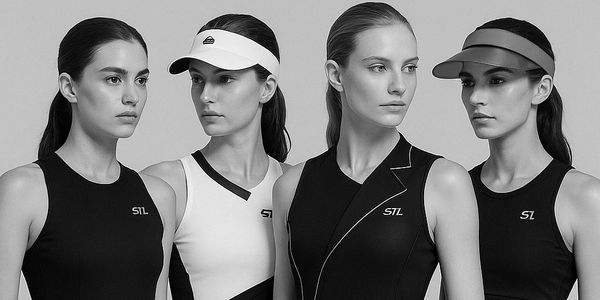 Four women in stylish black and white sports outfits, two wearing visors, posing for a brand photo.