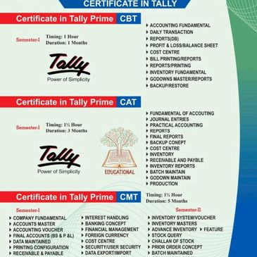 Certificate courses in Tally Prime with CBT, CAT, and CMT options covering accounting and inventory management.