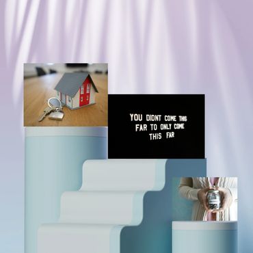 A house model with keys, motivational text, and a jar labeled savings on blue platforms.