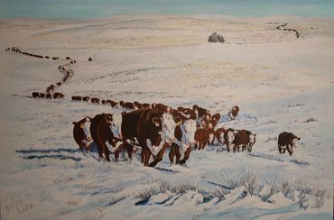 "She's Got This" is an original acrylic gallery wrapped canvas of a Hereford herd being brought home