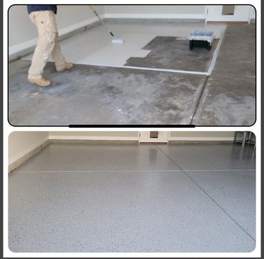 Garage floor being painted and finished with epoxy coating.