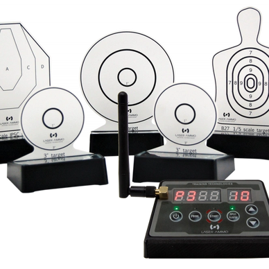 Set of laser target shooting paper targets with electronic scoring device.