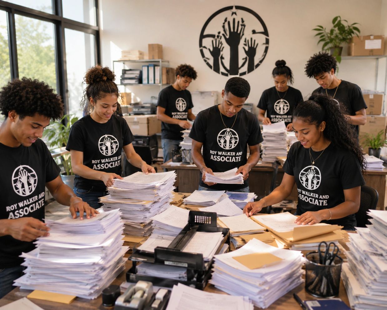 Team organizing large stacks of paperwork.