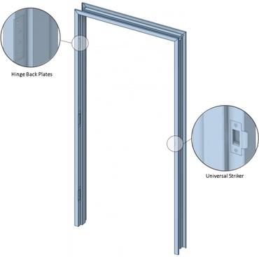 Illustration of a door frame with detailed views of hinges and latch.