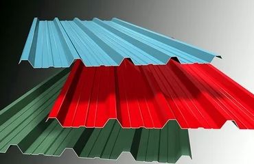 Colored corrugated metal sheets in blue, red, and green.