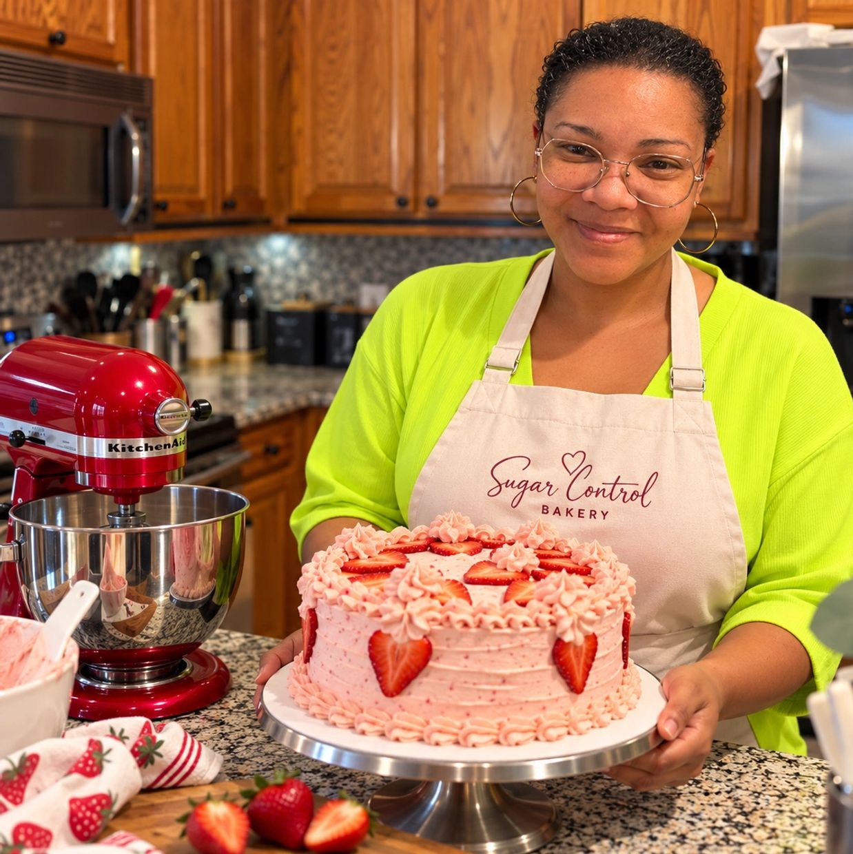 Adrienne posing in kitchen with strawberry cake.