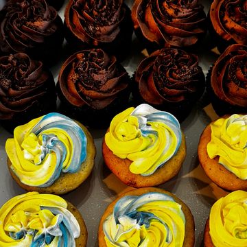 Vanilla and chocolate cupcakes in a display box.