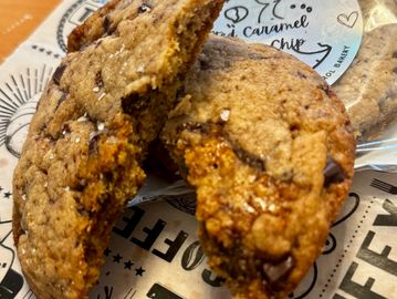 Salted Caramel cookie displayed on parchment.
