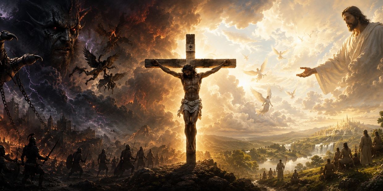 A dramatic scene of Jesus crucifixion with contrasting forces of good and evil.