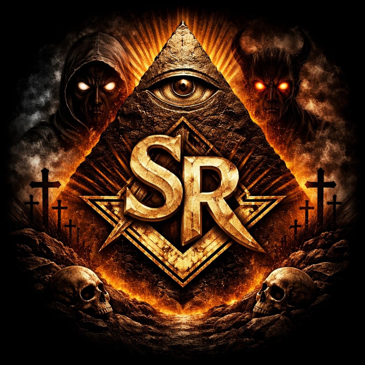 Dark mystical symbol with SR letters and skulls.