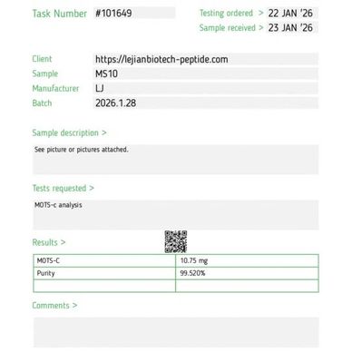 Lab test report for peptide sample MS10 with purity 99.52%.