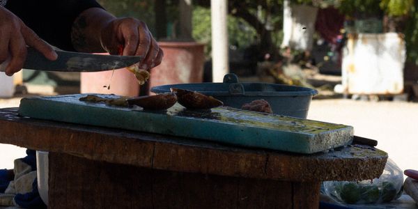 Person preparing food outdoors on a wooden table with a knife.