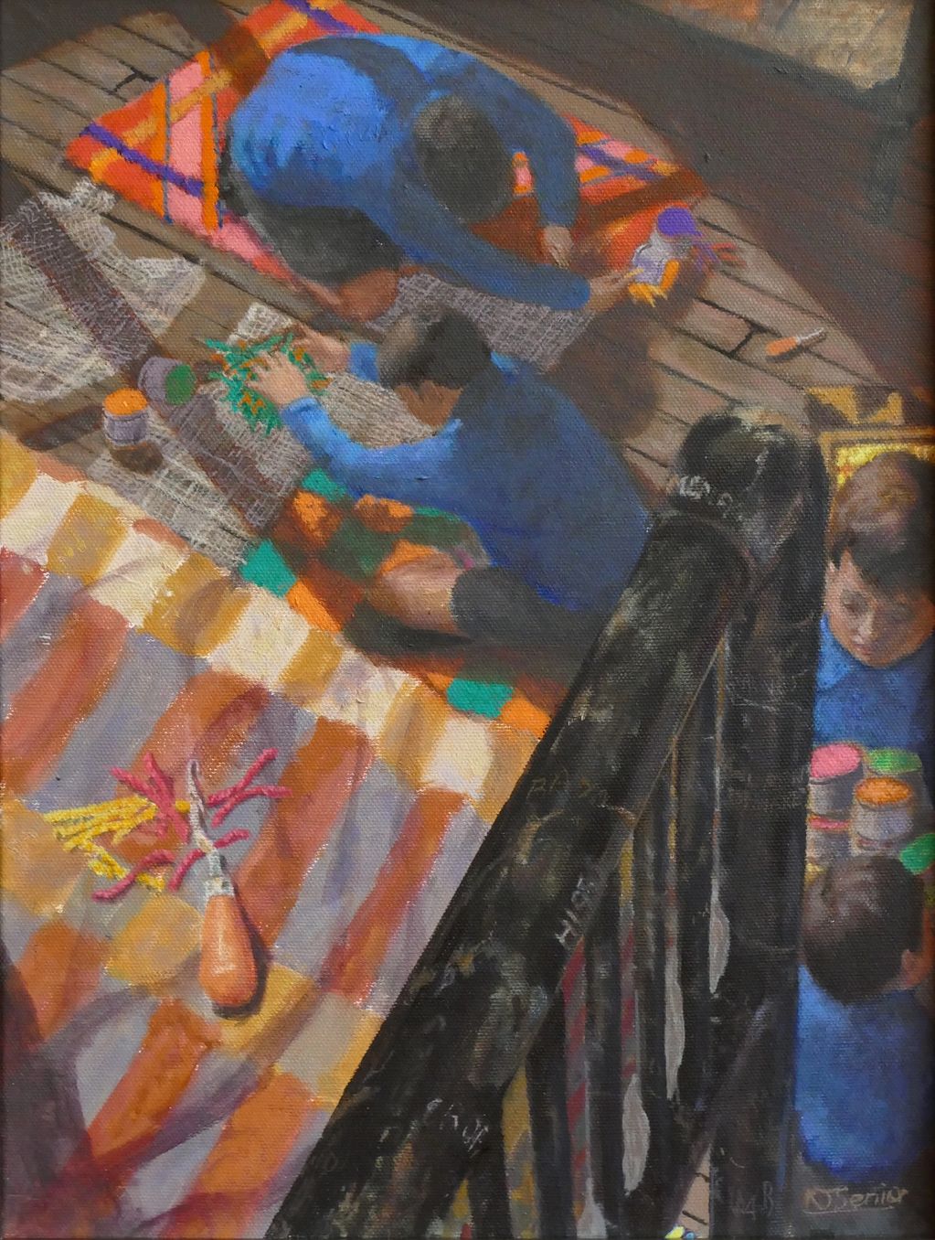 View from a bunkbed, boys making rugs