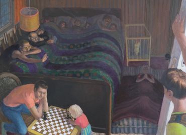 Chessboard. Family sleeping in a bedroom. Chess game. figure in doorway. Men sitting at bedside. 