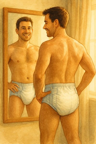 Homem de fralda, espelho, sorriso confiante, autoaceitação, aquarela