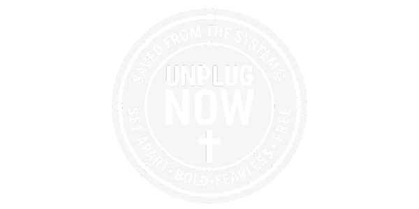 A circular emblem with the words "UNPLUG NOW" and a cross symbol in the center.