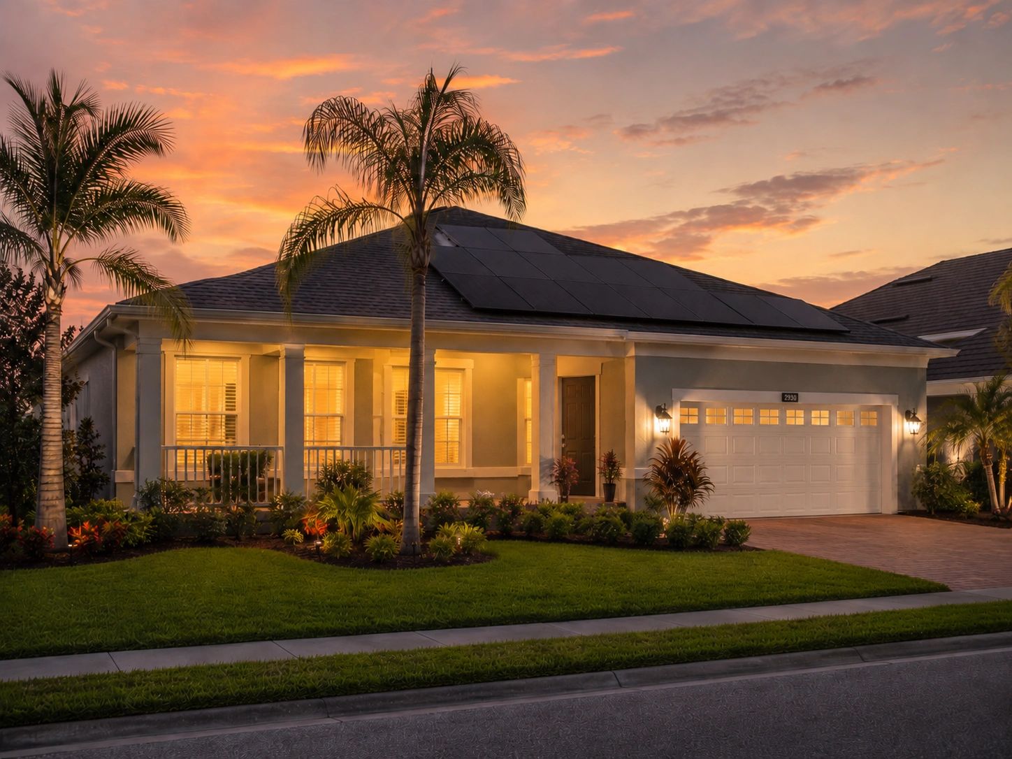 Florida home with black rooftop solar panels and landscaped front yard at sunset