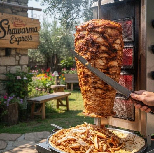 Freshly shaved shawarma meat being sliced at Shawarma Express outdoors.