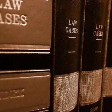 Close-up of law case books lined up on a shelf.