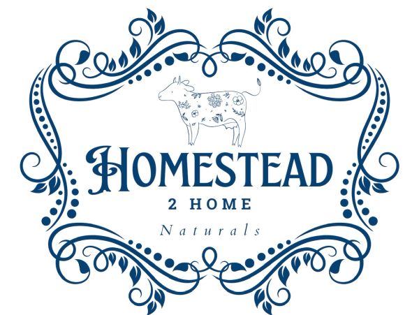 Ornate blue logo with a floral-patterned cow and text "Homestead 2 Home Naturals".