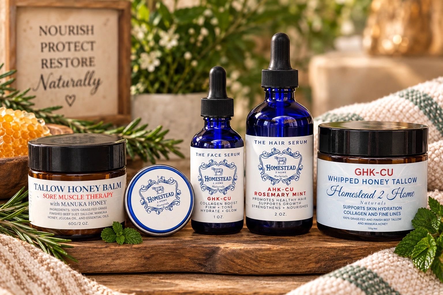 Collection of natural skincare and haircare products with honey and tallow.