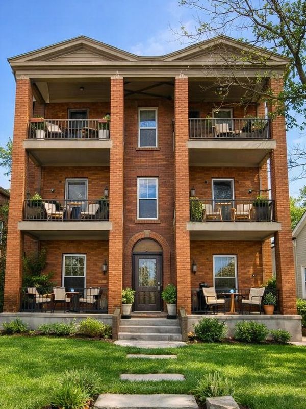 Classic three-story brick apartment building with balconies.