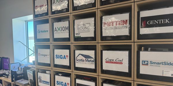 a photo of our sample library featuring cubbies filled with well organized product samples