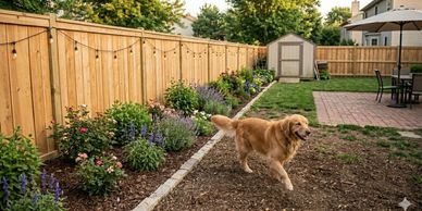 Golden retriever joyfully running in a spacious backyard with garden beds and wooden fence.