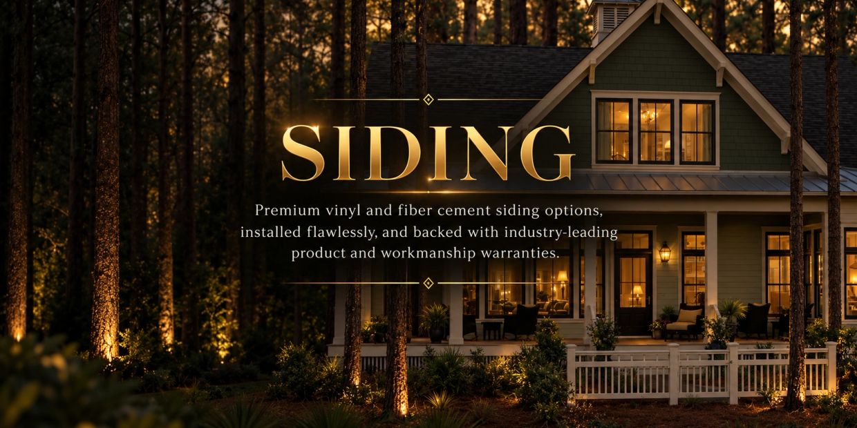 Elegant house siding advertisement with warm evening lighting.