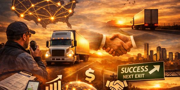 Collage depicting logistics, transportation, and business success.