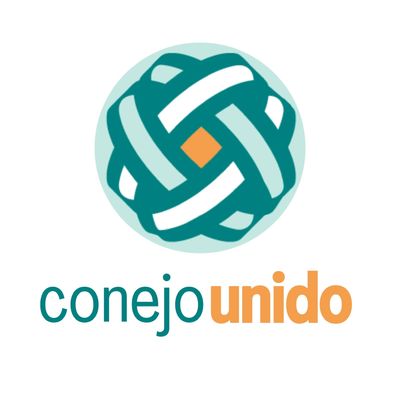 Intertwined ribbons of teal and white surround a core of orange with the words Conejo Unido below.