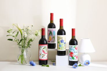 Korean Wine packaging. Colorful illustration with flowers label. 