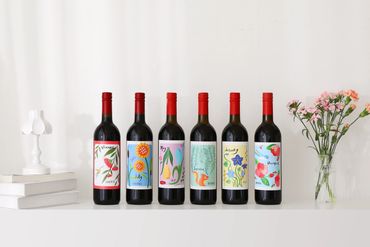 Korean Wine packaging. Colorful illustration with flowers label. 