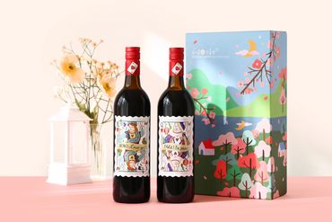 Korean Wine packaging. Colorful illustration with Valentines theme. Colorful spring themed box. 