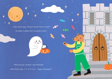 Colorful Halloween children's book with a text, Knock! Knock! There are various Halloween characters