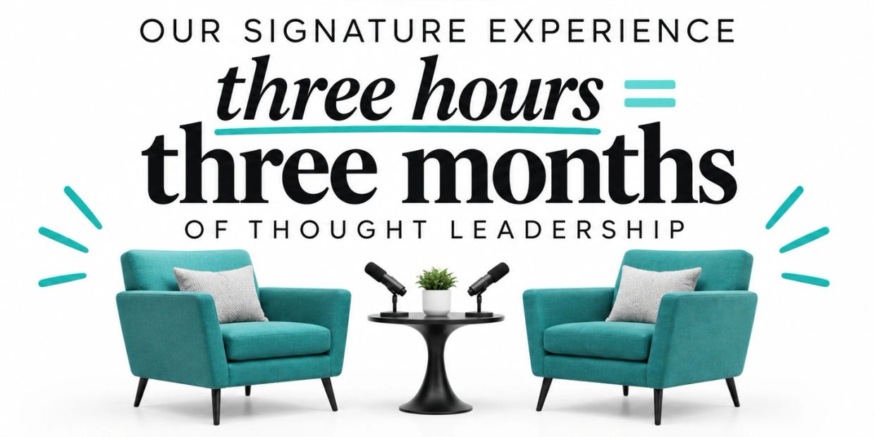 Two teal chairs with a table and microphones, promoting a signature experience.