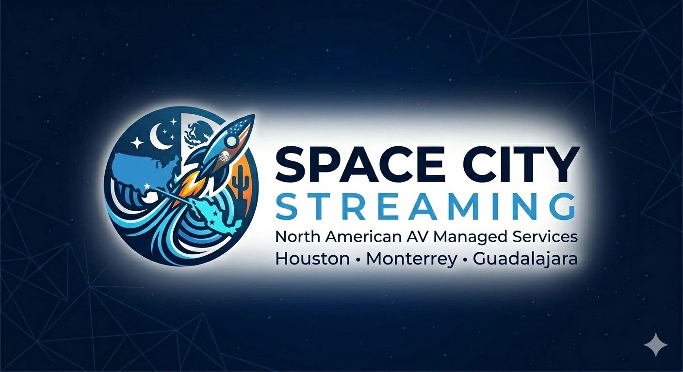 Logo for Space City Streaming with North American AV services in Houston, Monterrey, and Guadalajara.