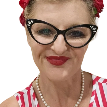 Woman with red lipstick and decorative black glasses.