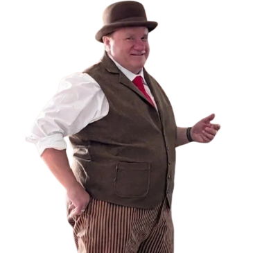 Smiling man in vintage outfit with hat and vest.