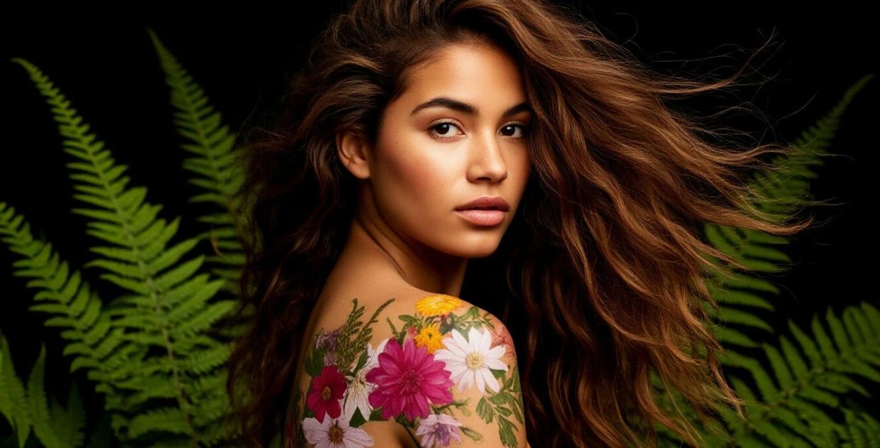 Woman with flower tattoo on shoulder and flowing hair.