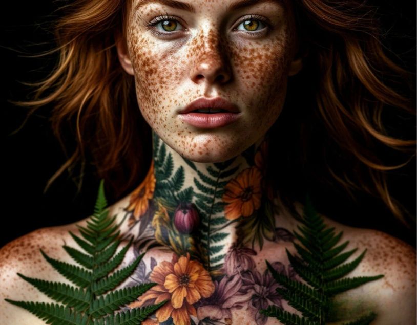 Freckled woman with floral body art and ferns.